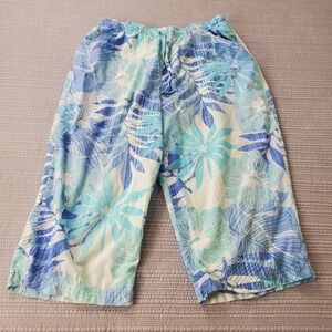 Erika Cropped Pants Womens Large Blue‎ Tropical Floral Cotton Rayon Wide Leg